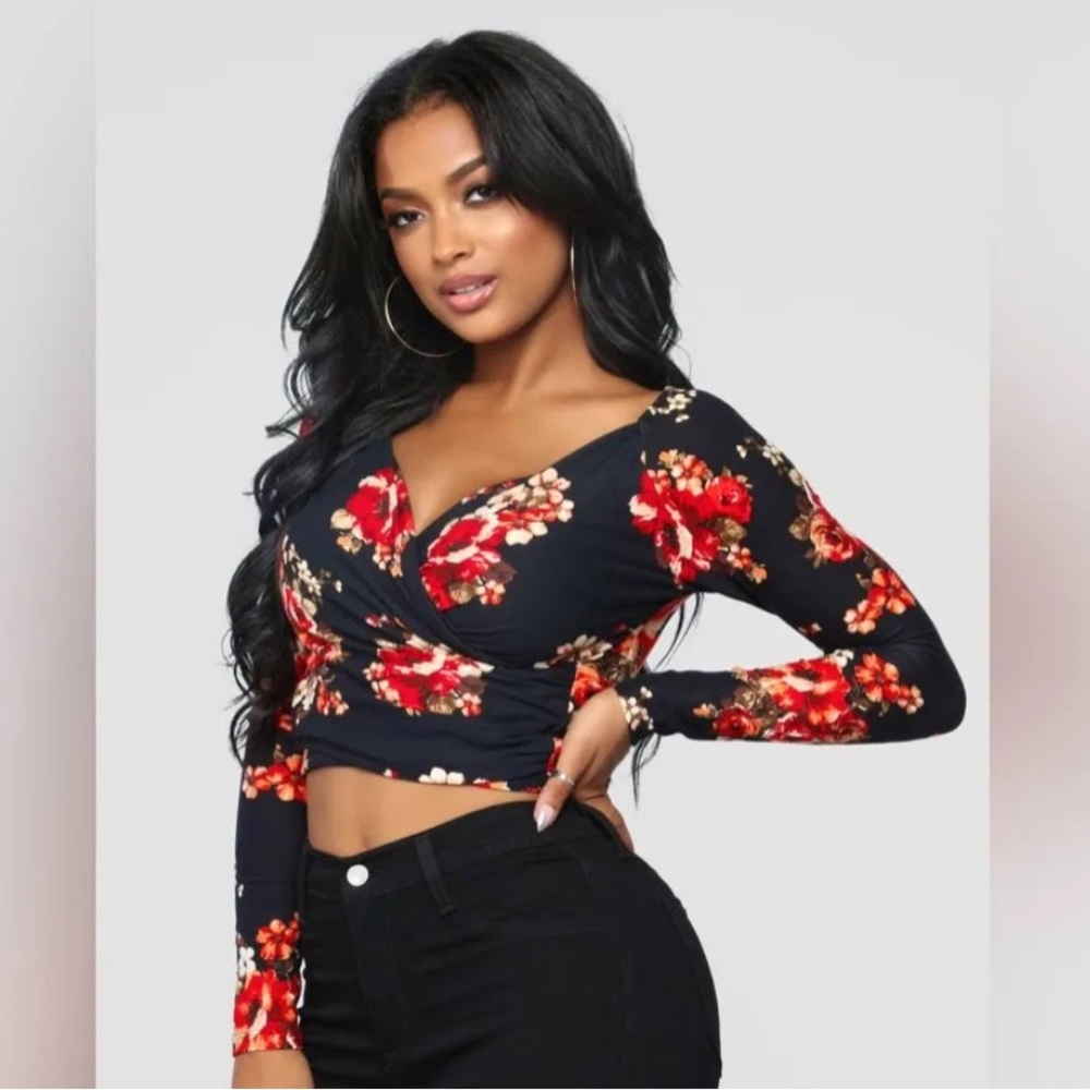 Floral Long Sleeve Wrap Top
